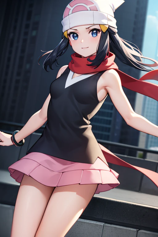 pokemon dawn, Pokemon Dawn, black hair, blue eyes, side lock, long hair, (small breasts:1.2),
break bare shoulders, beanie, black shirt, black socks, bracelet, have, jewelry, knee high, miniskirt, pink skirt, red scarf, scarf, shirt, skirt, No sleeve, No sleeve shirt, white hat,smile,
break looking at viewer, Upper body,
break outdoors, city, null,
break (masterpiece:1.2), highest quality, High resolution, unity 8k wallpaper, (figure:0.8), (beautiful and fine eyes:1.6), highly detailed face, perfect lighting, Very detailed CG, (perfect hands, perfect anatomy),