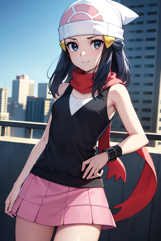 pokemon dawn, Pokemon Dawn, black hair, blue eyes, side lock, long hair, (small breasts:1.2),
break bare shoulders, beanie, black shirt, black socks, bracelet, have, jewelry, knee high, miniskirt, pink skirt, red scarf, scarf, shirt, skirt, No sleeve, No sleeve shirt, white hat,smile,
break looking at viewer, Upper body,
break outdoors, city, null,
break (masterpiece:1.2), highest quality, High resolution, unity 8k wallpaper, (figure:0.8), (beautiful and fine eyes:1.6), highly detailed face, perfect lighting, Very detailed CG, (perfect hands, perfect anatomy),