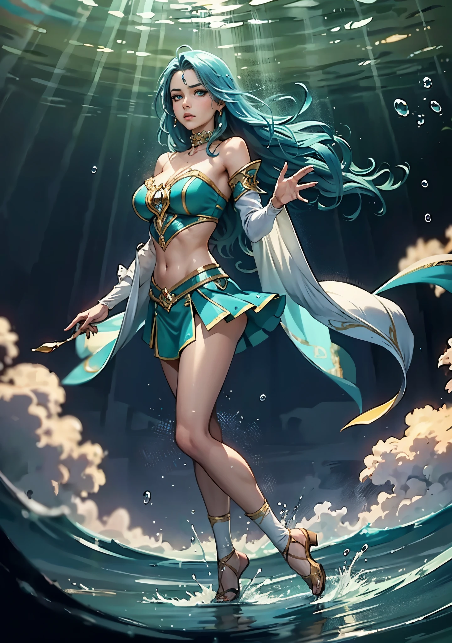 concept art inspired by Cao Zhibai,Stegosaurus coexisted,(1girl huge large breasts)Dressed in gorgeous fairy costumes,Armed with a spirit sword,White clothes fluttering,Beautiful and moving,The dragon churned behind him,Splashing waves,Next to it is a pool of crystal clear springs,,The background presents the artistic conception of Chinese fantasy,There is also a fantasy atmosphere of swords and wands,Create a mysterious world of fairy heroes。Very detailed faces,8k