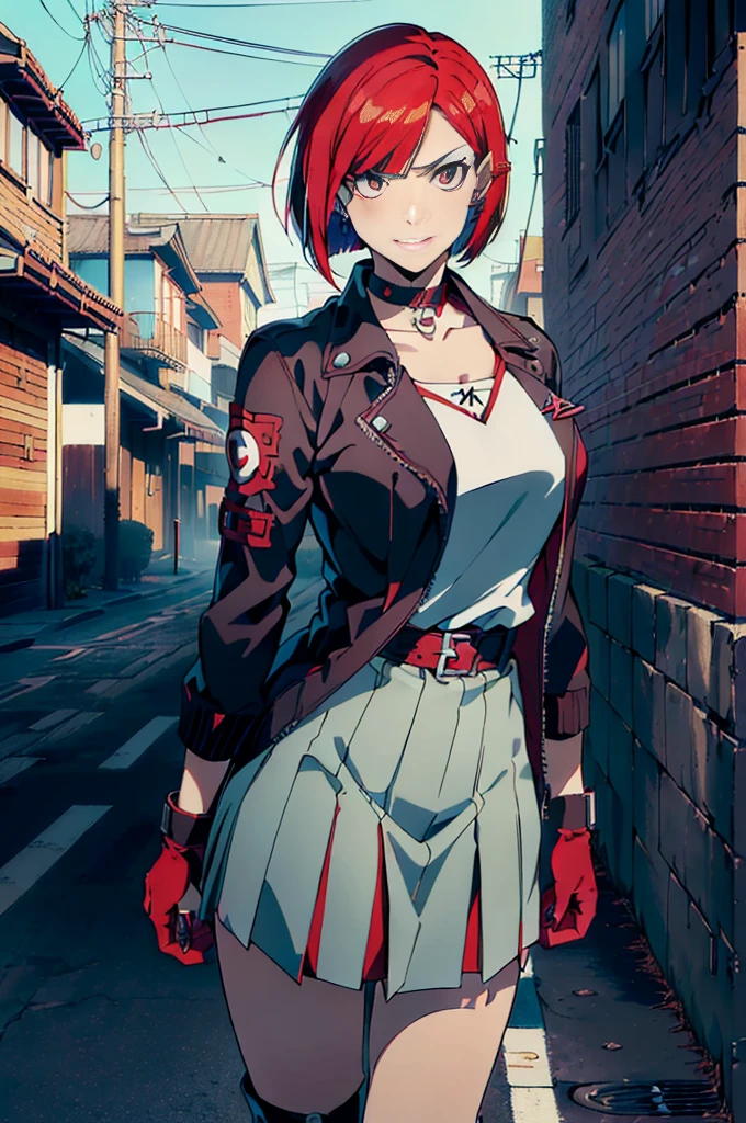 in the art style of persona5 and in the art style of street of rage 4, delinquent, (sukeban), mature_female, blush, mature, older woman, 25 years old, Sukeban teacher outfit, ((((1girl, solo female, solo, solo focus:1,9)))++++, choker, sukeban teacher, sukeban fighter, long_sleeves, open jacket, blue jacket,( jean)+++, light skin tone female, (full body)+++++, jacket, biker jacket, tape, arm_support, gloves, red_gloves, bridal gauntlets, nail polish, boots, black_footwear, fighter outfit, (full body)+++++++, hourglass, mature face, cheeky smile, cheeky face, wrinkles, (((((red hair, short hair, bob cut, earrings, ear piercings)))), red eyeighting art, Martial arts, standing, fighting_stance, fight, fighting), extra colors, 2D, megapixel, perfectionism, accent lighting, full HD , (Masterpiece:1.2), (full-body-shot:1),(cowboy shot:1.2), (Highly detailed:1.2),(anime Detailed Face:1.2), Colorful, A detailed eye, (Detailed landscape:1.2), (natural lighting:1.2), ((sukeban school teacher)) by Vincent Di Fate: Aidyllery, Anamorphic Shot, rule of thirds, face by Artgerm and WLOP, ((street of rage 4 city backround)), fictive city backround in the style art of street of rage 4,