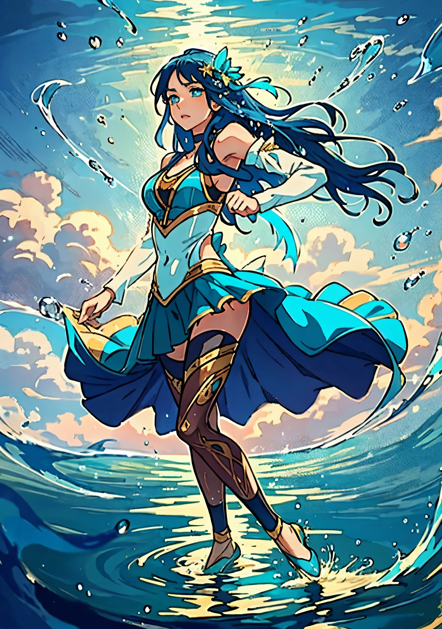 A beautiful woman with cascading waves of aqua-blue long hair, exquisite facial features, a melancholic expression, delicate and bright eyes, skin as smooth and radiant, her slender and graceful figure dances like water splashes in the wind, a splendid fantasy-style islander ethnic costume, a short skirt resembling ocean waves, her slender legs leap lightly above the water surface, surrounded by splashing droplets that dance in the air, this character embodies a finely crafted fantasy-style female dancer in anime style, exquisite and mature manga art style, high definition, best quality, highres, ultra-detailed, ultra-fine painting, extremely delicate, professional, anatomically correct, symmetrical face, extremely detailed eyes and face, high quality eyes, creativity, RAW photo, UHD, 8k, Natural light, cinematic lighting, masterpiece-anatomy-perfect, masterpiece:1.5