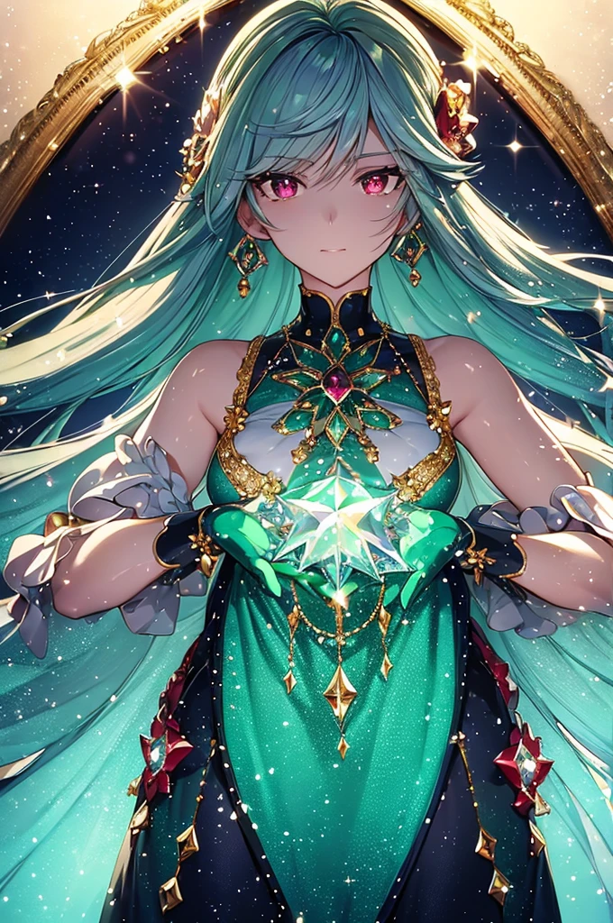 With emerald motif,Pretty, one person, green hair, ahoge, hair behind ear, hime cut, crystal hair, hair flower,water, pupils sparkling, diamond-shaped pupils,  Genre painting, sparkle, reflection light, move chart, anatomically correct, textured skin, super detail, high quality, highres,Fine-grained skin,The big picture,garnet-like beauty,It's like a jewel,Diamonds scattered around,Fine-grained light,masterpiece,bust,silk,mysterious,Detailed Hair++,Worthy of God,Reflected light,Composition in motion,Detailed clothing,Trending,Detailed pupils,dress,grey hair,Realistic light,profile,green,tachi-e, Fujifilm, from side,anatomically correct, award winning, high details, ccurate, UHD, tachi-e,light powder,emerald,(Detailed Hands)+,メルヘンチック,jewel,flower,横から見た顔,魅力的な体,