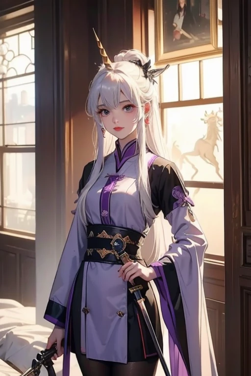 Unicorn anthropomorphic female high detail white hair purple pupils,Game of the original painting,black tights,Sword in hand,whole body站姿,,Royal sister,no background,whole body,whole body,Standing posture,