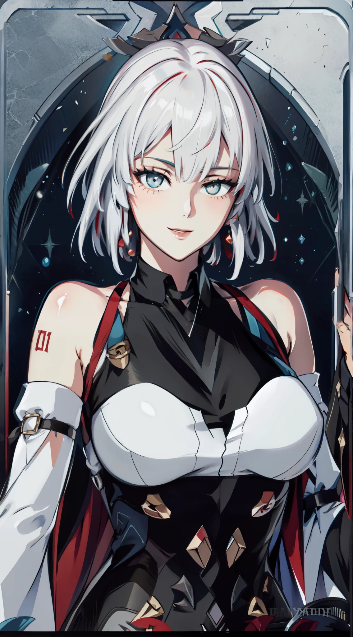 (original character with design composite of Fubuki Kafka Xueyi and Miku Nakano hair and face), large breasts, ((bare forehead)), detached sleeves, white and red dress, (white hair), white and red hair, 1girl, solo, upper body, facing viewer, looking at viewer, smile, 