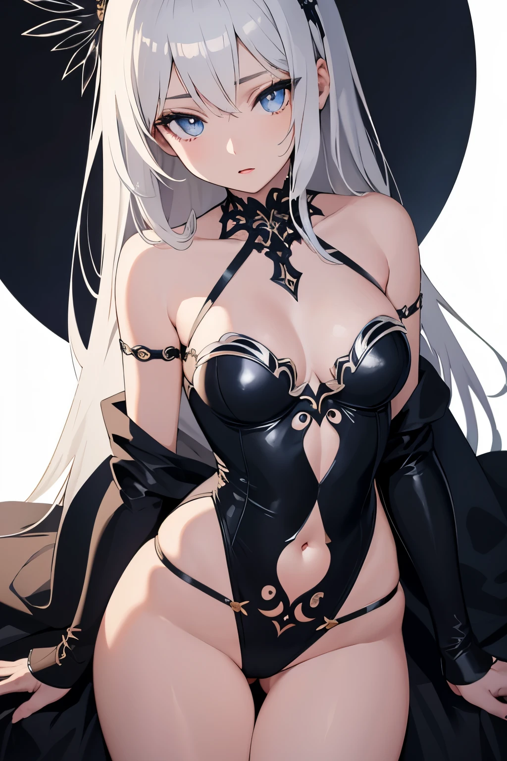 1girl, anime, cute girl, blank background, white background, fantasy, detailed dark fantasy dress with highlights, beautiful face, beautiful eyes, dark colors, silver hair, slightly small breasts, slight cleavage, beautiful skin, cute, breast curtains, extremely delicate and beautiful, (beautiful detailed face:1.0), (detailed deep eyes), symmetrical breasts, deep eyes, shiny skin, portrait, slender waist, hips wider than shoulders, thighs, young girl, expressionless, luminous eyes