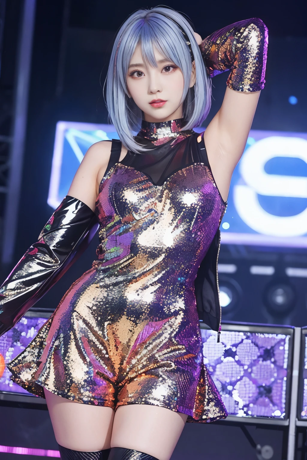 cyber idol、 　、Full body Esbian、、 、fluorescent orange sequin costume、silver hair、cyber stage