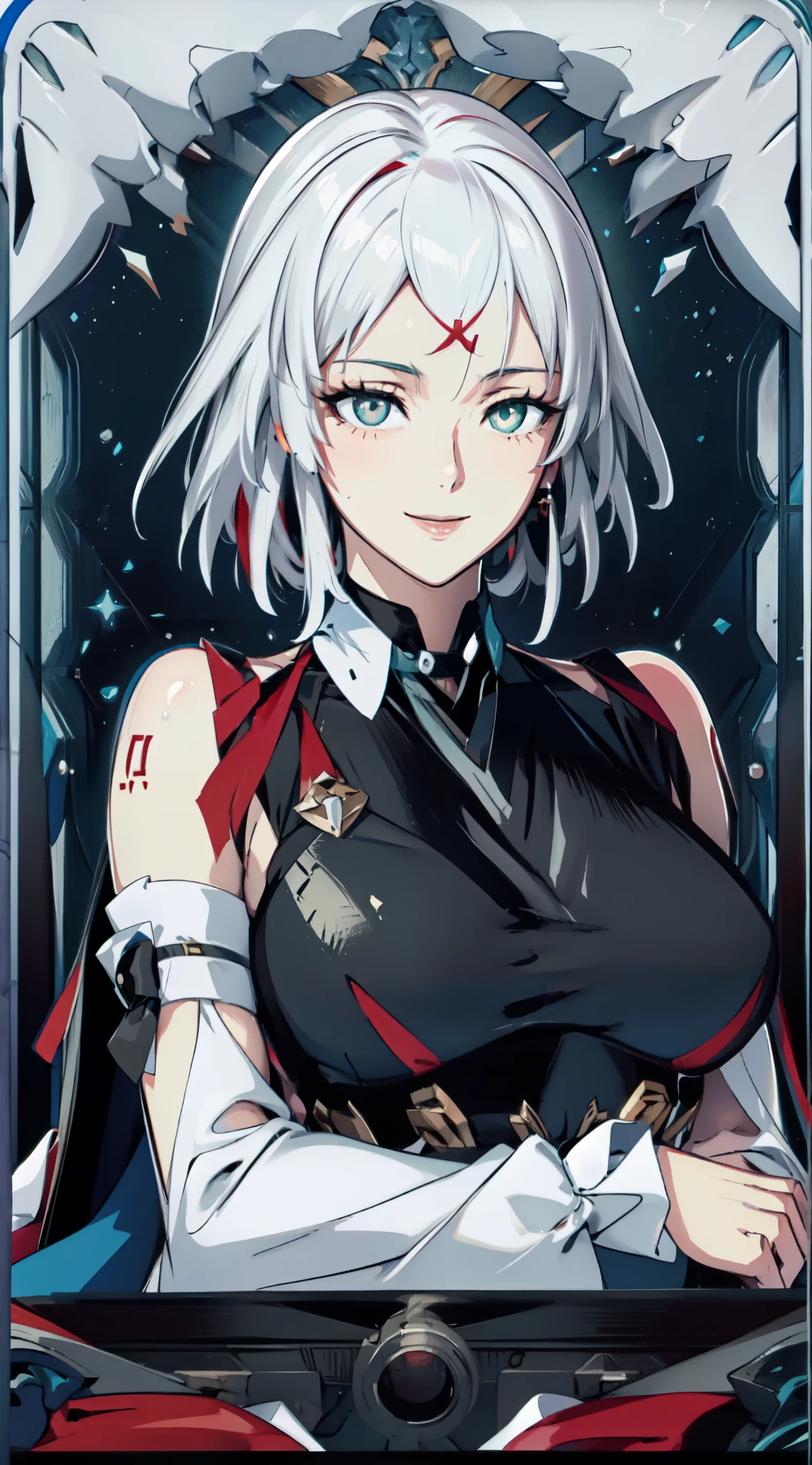 (original character with design composite of Fubuki Kafka Xueyi and Miku Nakano hair and face), large breasts, ((bare forehead)), detached sleeves, white and red dress, (white hair), white and red hair, 1girl, solo, upper body, facing viewer, looking at viewer, smile, 