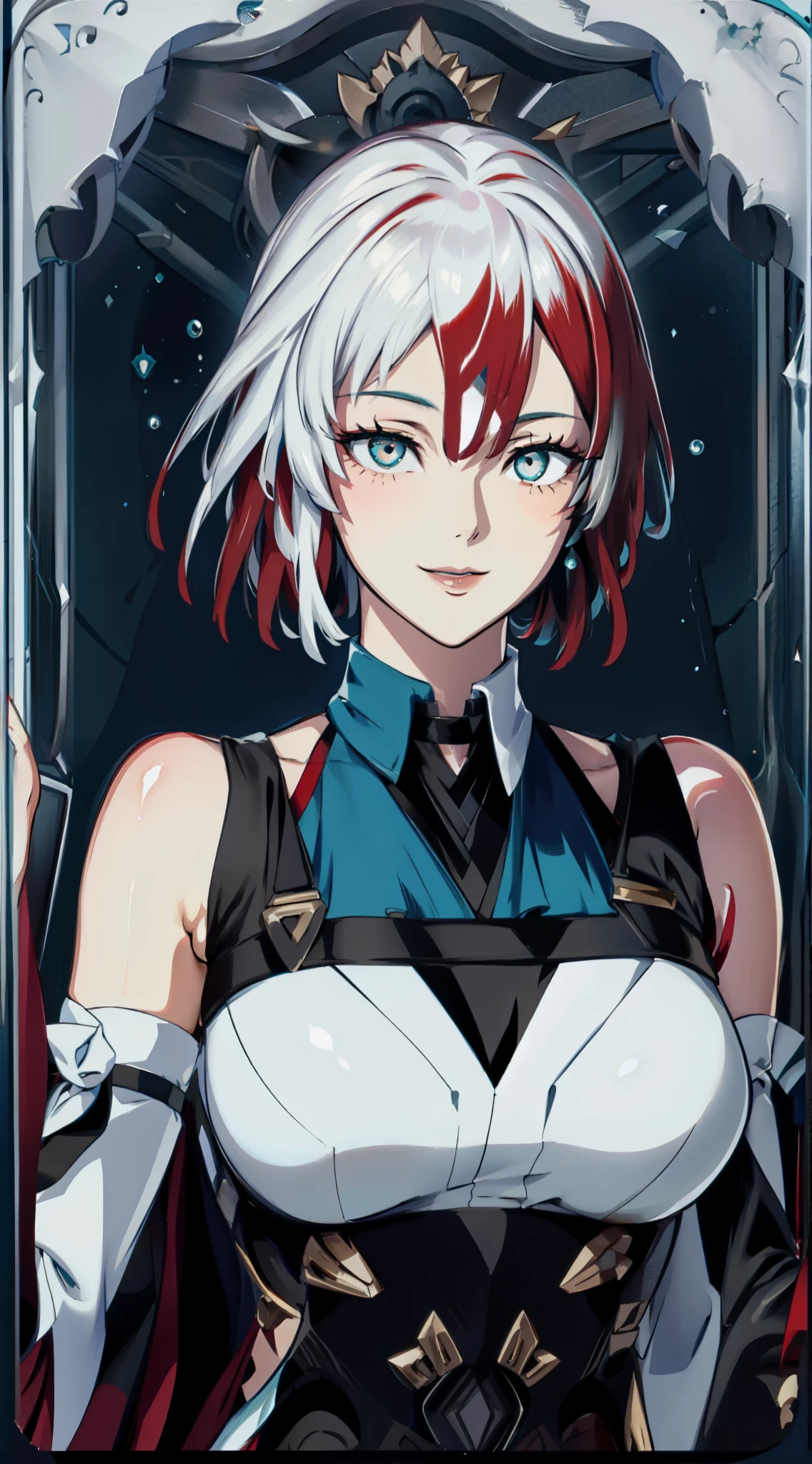 (original character with design composite of Fubuki Kafka Xueyi and Miku Nakano hair and face), large breasts, ((bare forehead)), detached sleeves, white and red dress, (white hair), white and red hair, 1girl, solo, upper body, facing viewer, looking at viewer, smile, 