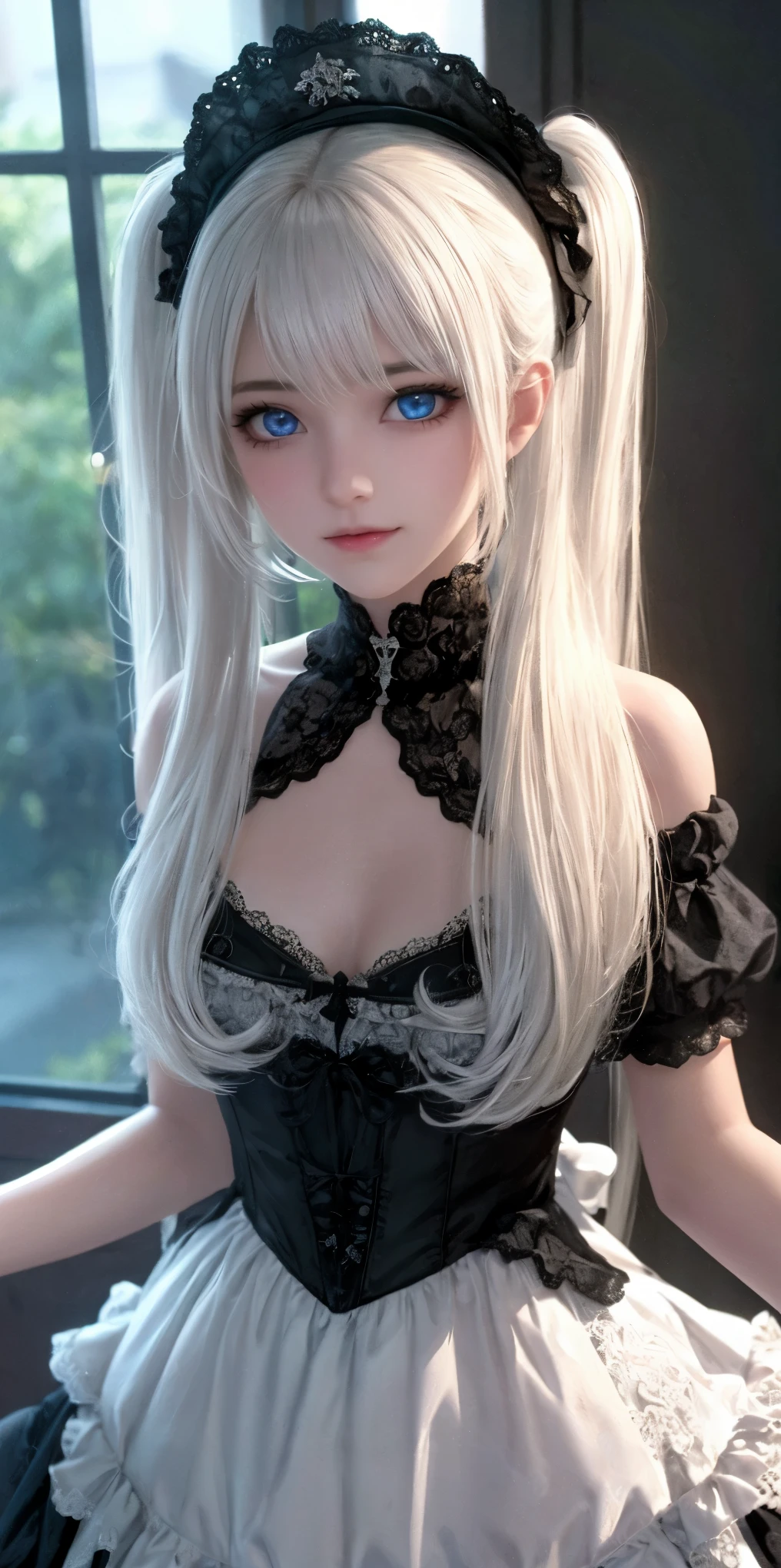 (1girl),gothic,twintails,white hair, organza lace,Gorgeous and fussy clothes,gothic, flying, blue, (colorful), bold strokes, gradient blends, motion blur, shimmering textures, dynamic composition, atmospheric perspective, impressionistic, , (masterpiece), (best quality), Amazing, (beautiful detailed eyes), (finely detail), Depth of field, extremely detailed CG, original, extremely detailed wallpaper, (vivid colors), cinematic lighting,  (colorful), blush,