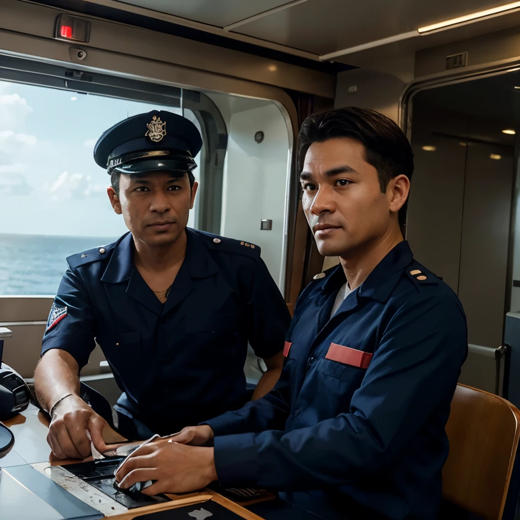 Make a realistic image of 3 Myanmar seafarers - Captain, Second Officer and Able Seaman working on the navigation bridge of a tanker ship. Make the Navigation bridge more wider. Captain and Secound officer are navigating the ship and they in uniforms. Able seaman is steering the ship and he is in orange boiler suit. Captain is around 50 years old, Second officer is around 35 years old and Able seaman is around 30 years old.
Their uniforms has the name ' Royal Days' on it.
They appear happy and playful, engaging in working with humorous expressions.