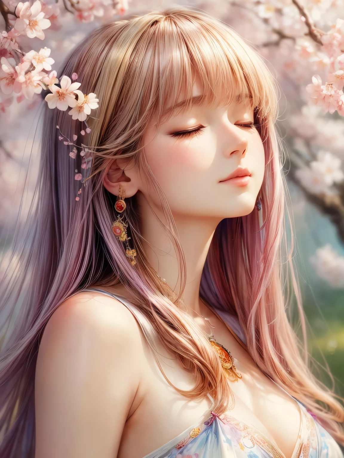 (best quality,highres,masterpiece:1.2),watercolor,woman with closed eyes,cherry blossoms,soft,tender,bokeh,Josephine Wall style,Takashi Murakami style,Boris Vallejo style