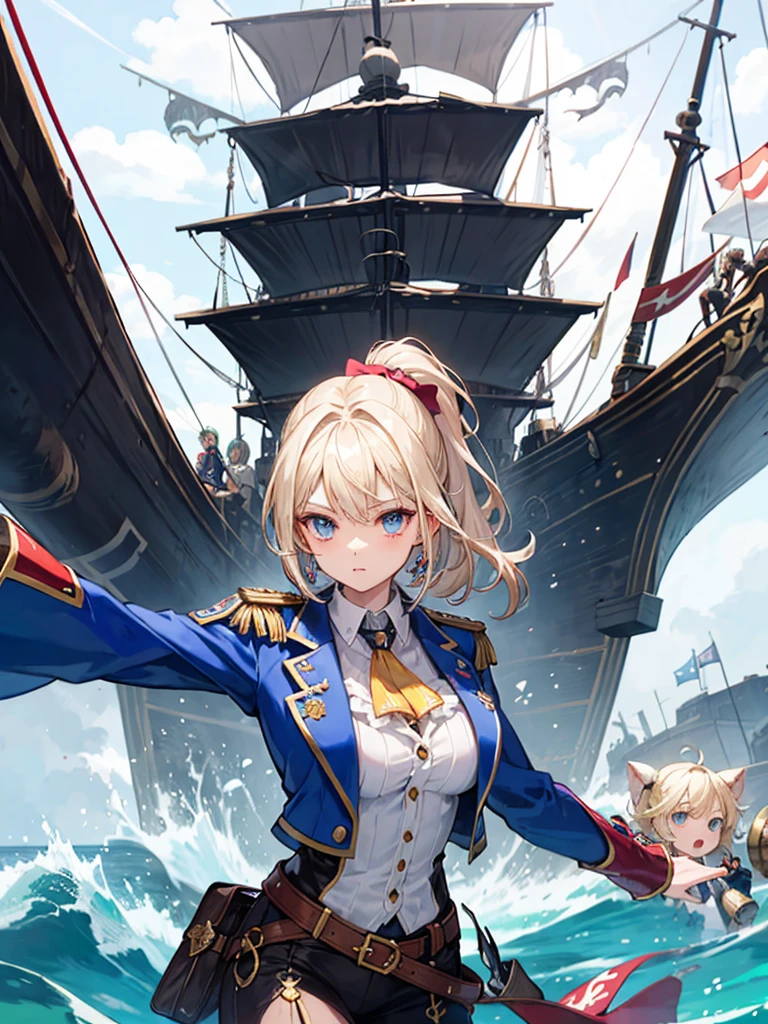 (((masterpiece、Highest image quality、highest quality、highly detailed unity 8kwallpaper)))、((Illustration of one girl、upper body))、(((beautiful girl)))、(fantasy、female pirate)、(blonde、short ponytail:1.2、light blue eyes)、(((prosthetic hand、スチームパンク風のprosthetic hand)))、((tall))、bulky figure, massive frame, thick neck, sturdy arms, powerful legs、(captain's suit、Pirate hat)、pirate shipのデッキ、pirate ship