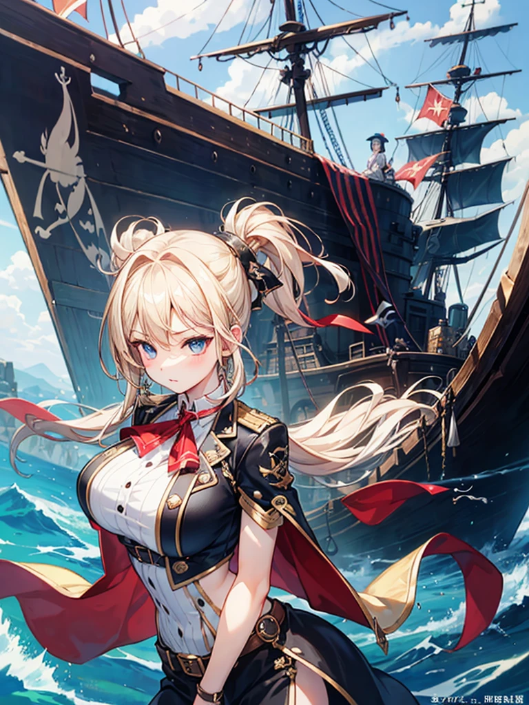 (((masterpiece、Highest image quality、highest quality、highly detailed unity 8kwallpaper)))、((Illustration of one girl、upper body))、(((beautiful girl)))、(fantasy、female pirate)、(blonde、short ponytail:1.2、light blue eyes)、(((prosthetic hand、スチームパンク風のprosthetic hand)))、((tall))、bulky figure, massive frame, thick neck, sturdy arms, powerful legs、(captain's suit、Pirate hat)、pirate shipのデッキ、pirate ship