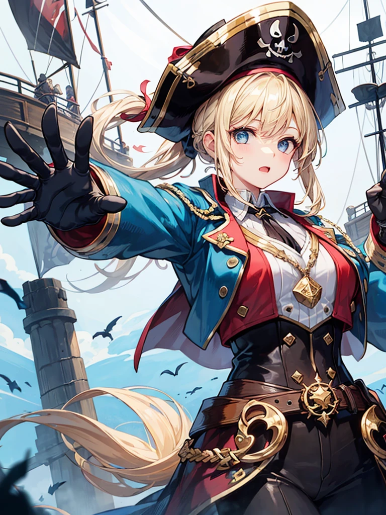 (((masterpiece、Highest image quality、highest quality、highly detailed unity 8kwallpaper)))、((Illustration of one girl、upper body))、(((beautiful girl)))、(fantasy、female pirate)、(blonde、short ponytail:1.2、light blue eyes)、(((prosthetic hand、スチームパンク風のprosthetic hand)))、((tall))、bulky figure, massive frame, thick neck, sturdy arms, powerful legs、(captain's suit、Pirate hat)、pirate shipのデッキ、pirate ship