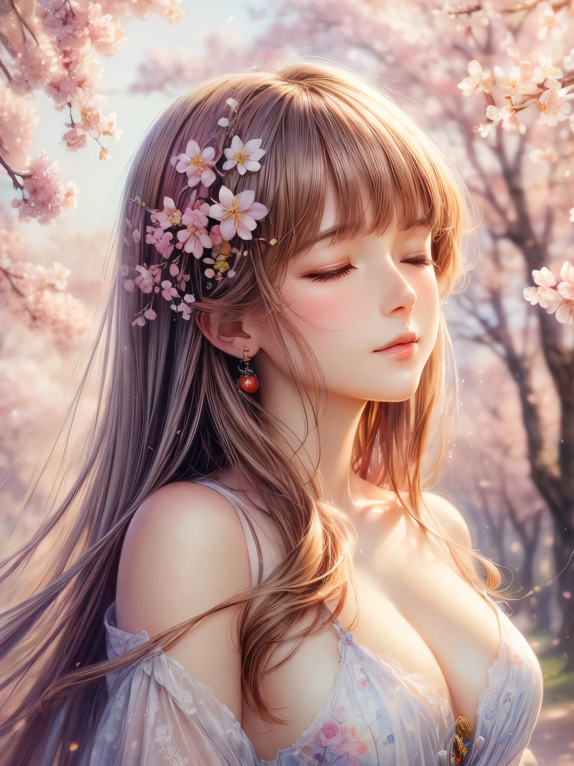 (best quality,highres,masterpiece:1.2),watercolor,woman with closed eyes,cherry blossoms,soft,tender,bokeh,Josephine Wall style,Takashi Murakami style,Boris Vallejo style