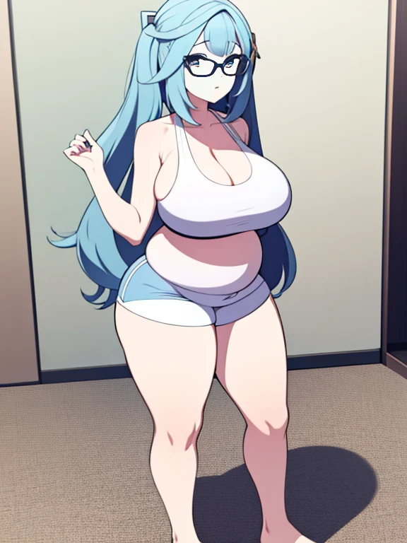 (Very high quality, detailed) A full body image of a pregnant girl wearing a sports bra, very thight shorts and glasses, she's standing barefoot and has very big breasts, long hair and a pretty thick body