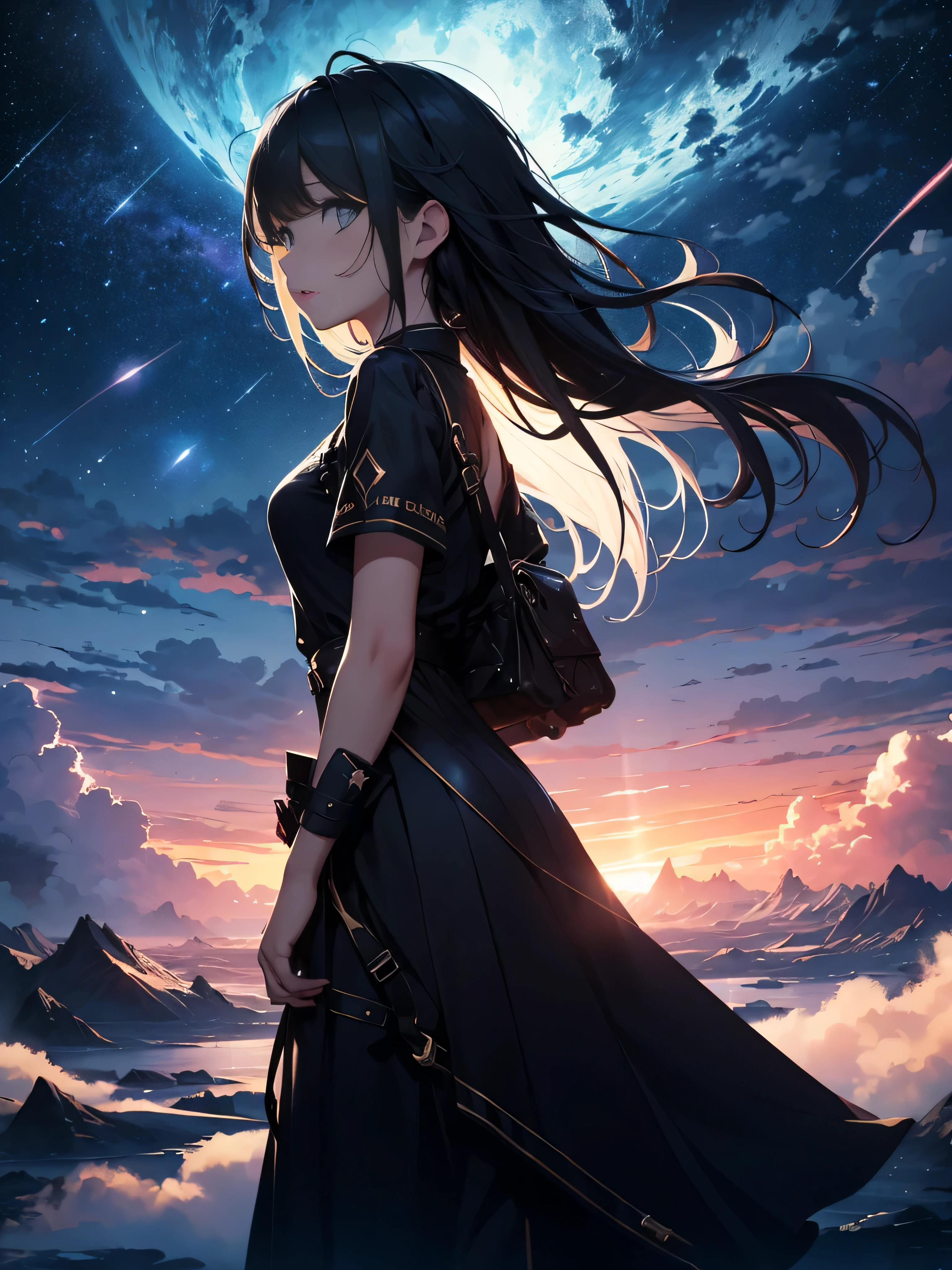 confused, High resolution, (official art, beautiful and aesthetic:1.2), close view,
1 girl, shining sky, vast world, stare, awe-inspiring expression, distant horizon, cloud, High Hill, beauty of nature, Inspiration, night sky, shining star,