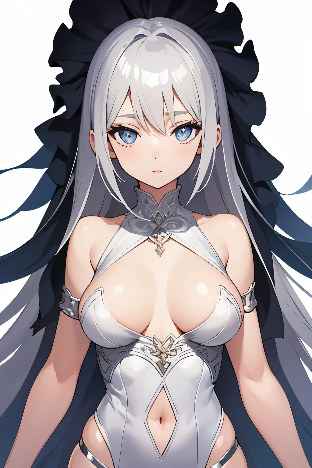 1girl, anime, cute girl, blank background, white background, fantasy, detailed dark fantasy dress with highlights, beautiful face, beautiful eyes, dark colors, silver hair, slightly small breasts, slight cleavage, beautiful skin, cute, breast curtains, extremely delicate and beautiful, (beautiful detailed face:1.0), (detailed deep eyes), symmetrical breasts, deep eyes, shiny skin, portrait, slender waist, hips wider than shoulders, thighs, young girl, expressionless, luminous eyes