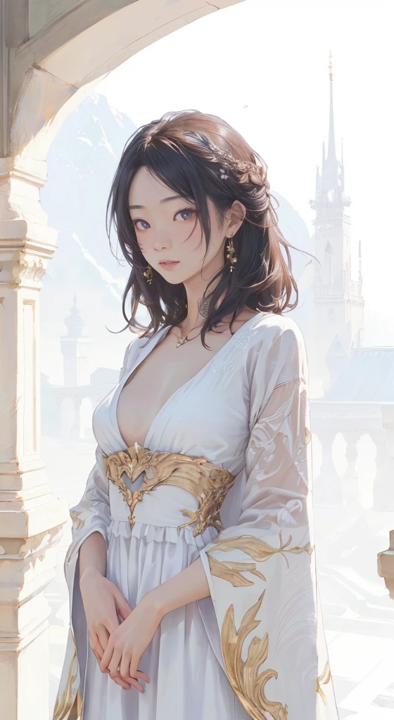 1 Queen of Fantasy、big round eyes、alone、Full body Esbian、realistic,lips, highest quality, fantasy art portrait、excellent anatomy、Medium chest、gray hair、white dress、 (natural skin texture、hyper realism、soft light、sharp:1.2)、(complicatedなディテール:1.12)、ticker、(complicatedなディテール、Super detailed:1.15)、soft cinematic light、adobe light room、photo love、ticker、complicated、very detailed、(Depth of bounds written:1.4)、fantastic background、 palace、 deep blue light、8K High-Definition Digital Art、fantasy art style