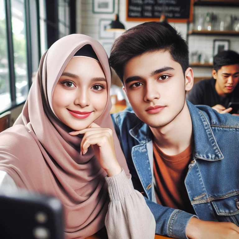 beautiful Japanese woman with hijab and boyfriend