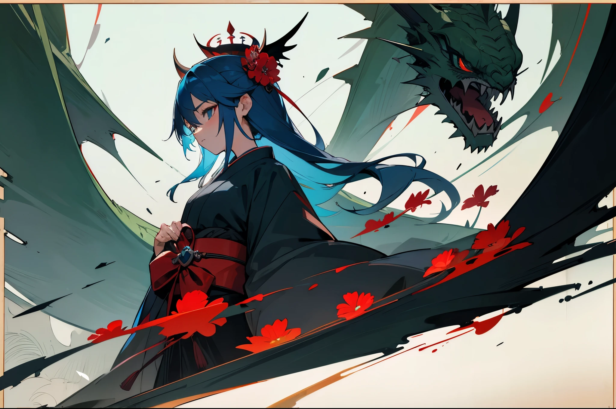 girl，blue hair，Breath of kings，sense of future，Green crown，Black wings，grim Reaper，epic，poster，red bow，Japanese kimono，Dragon Room，Brave，Red flower