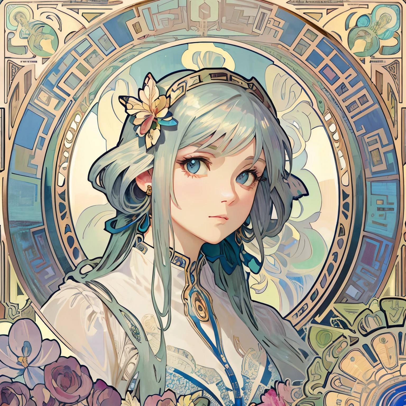 Beauty 1 person、(masterpiece、highest quality、highest quality、beautiful and aesthetic:1.2)、round picture frame、Rainbow-colored、Shining jewelry hair ornament、flowers in full bloom、detailed jewelry、dynamic、Based on the concept of an elegant woman、(((Alphonse Mucha)))、Shining eyes、colorful hair、Fluttering petals、Gradation、hyperdetailed intricately detailed, unreal engine, wonderful, intricate details, splash screen, complementary color, 8K resolution, 逸脱のmasterpiece、Branded hair、fluttering hair、Water Princess、Bubble