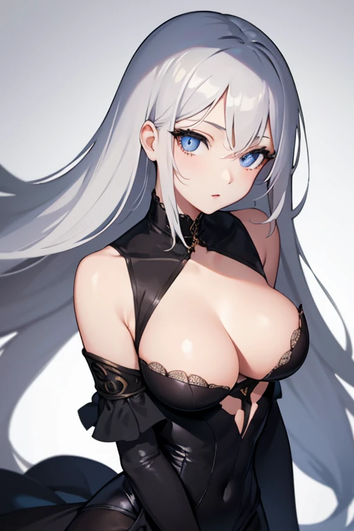 1girl, anime, cute girl, blank background, white background, fantasy, detailed dark fantasy dress with highlights, beautiful face, beautiful eyes, dark colors, silver hair, slightly small breasts, slight cleavage, beautiful skin, cute, breast curtains, extremely delicate and beautiful, (beautiful detailed face:1.0), (detailed deep eyes), symmetrical breasts, deep eyes, shiny skin, portrait, slender waist, hips wider than shoulders, thighs, young girl, expressionless, luminous eyes