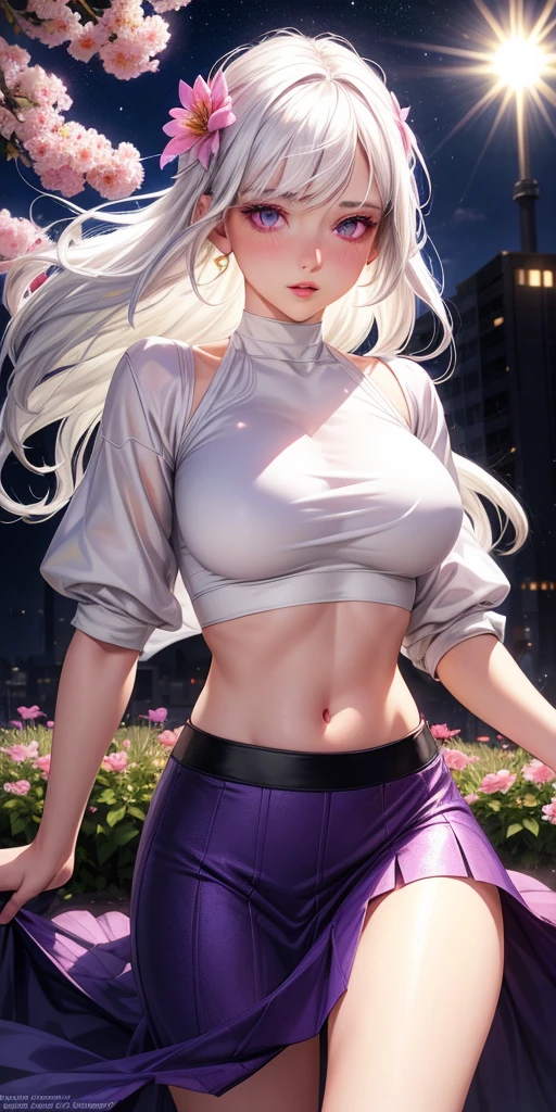 realistic, 1girl, white hair, purple eyes, glowing eyes, crop top, skirt, parted lips, blush, night, flowers, sun, sunlight,