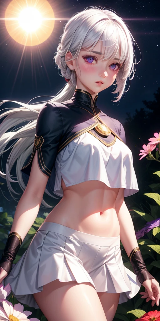 realistic, 1girl, white hair, purple eyes, glowing eyes, crop top, skirt, parted lips, blush, night, flowers, sun, sunlight,