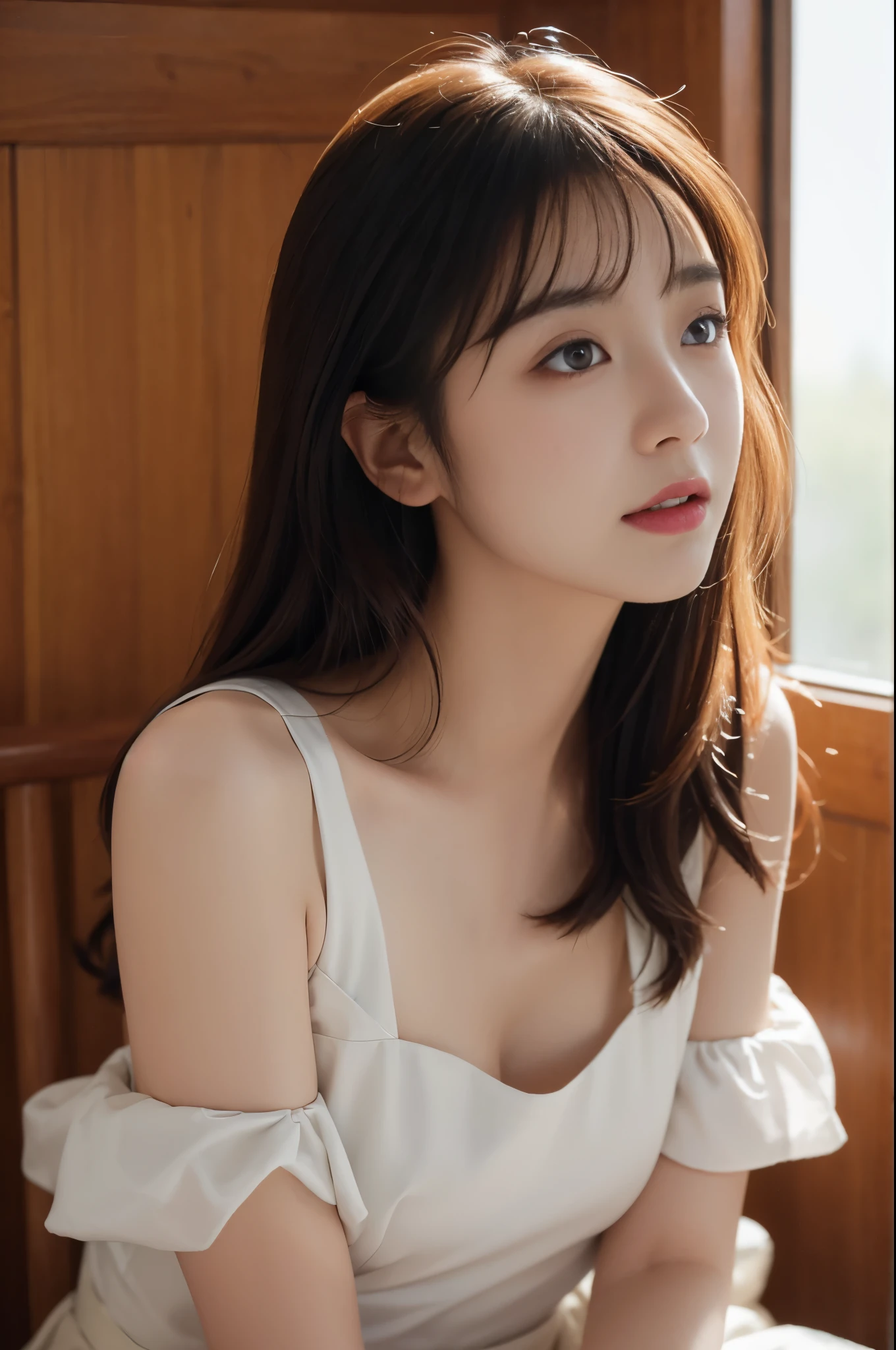 Photographic realism style、focus perspective composition、Fujifilm style、Portrait Photogram、上半身close up 。figure:(girl、Face away from the picture、head slightly backward。Off the shoulders、Off the shoulders裙子、Tulle skirt、美若天仙的girl、Exquisite facial features、Lively。Open your mouth and laugh) environment:(girl身处花海之中、close up、blurred background、Halo exposure。Warm color picture)Keep screen data、RAW format