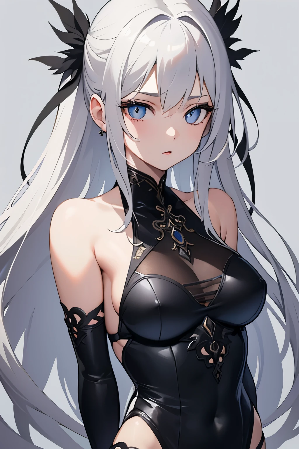 1girl, anime, cute girl, blank background, white background, fantasy, detailed dark fantasy dress with highlights, beautiful face, beautiful eyes, dark colors, silver hair, slightly small breasts, slight cleavage, beautiful skin, cute, breast curtains, extremely delicate and beautiful, (beautiful detailed face:1.0), (detailed deep eyes), symmetrical breasts, deep eyes, shiny skin, portrait, slender waist, hips wider than shoulders, thighs, young girl, expressionless, luminous eyes