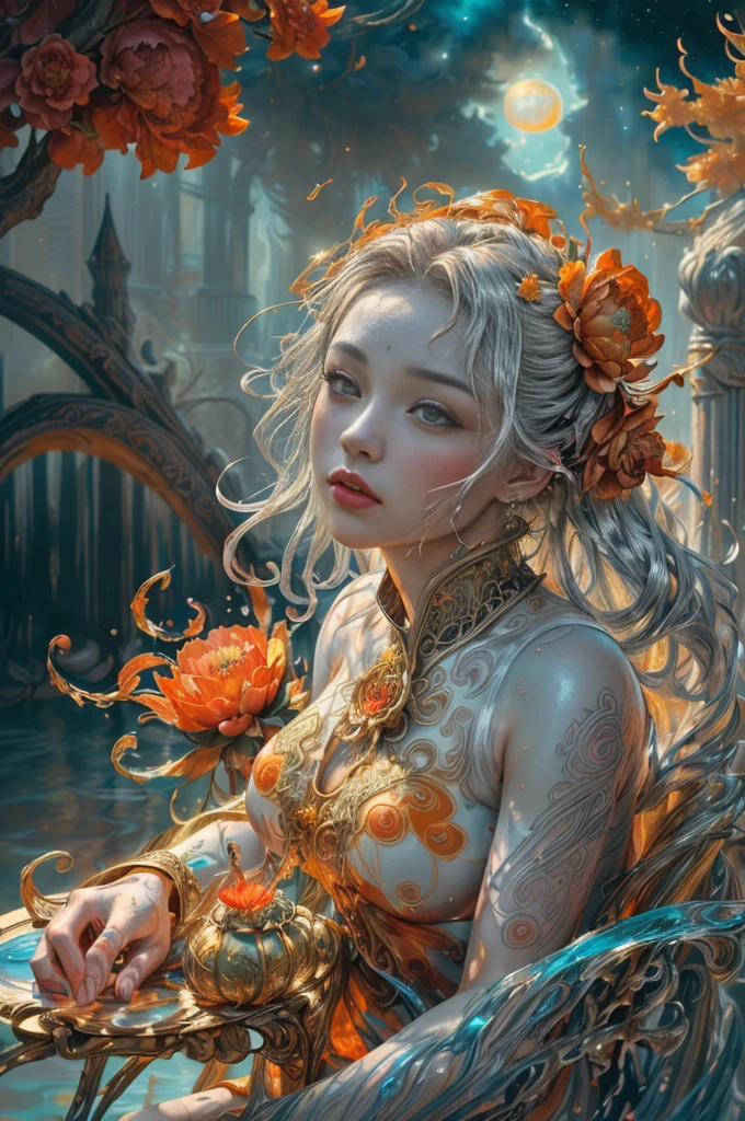 (8k, RAW Photo, Best Quality, Masterpiece: 1), (Photoreal: 1.2), Sharp Focus, Jupiter, Splash Art, (Close-up Liquid Luminous Moon Lady Made of Color), Beautiful Face, Detailed and Perfect face, ((silver, red, orange, light yellow, gray golden, liquid fire peony flower, filigree, filigree details, swirling flame, galaxy, color drop, color wave, moonlight, colorful paint splash style, highly detailed and intricate, unreal engine, fantastic, intricate details, splash screen, complementary colors, fantasy, concept art, 8k resolution, masterpiece, oil painting, heavy strokes, paint dripping, splash art, fantasy art , concept art, Perfect composition centered, complex pose, intricate design,)),