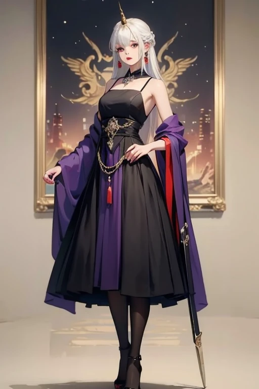 Unicorn anthropomorphic female high detail white hair purple pupils,Game of the original painting,black紧身衣,Sword in hand,whole body站姿,,Royal sister,no background,whole body,whole body,Standing posture,black,High heel,