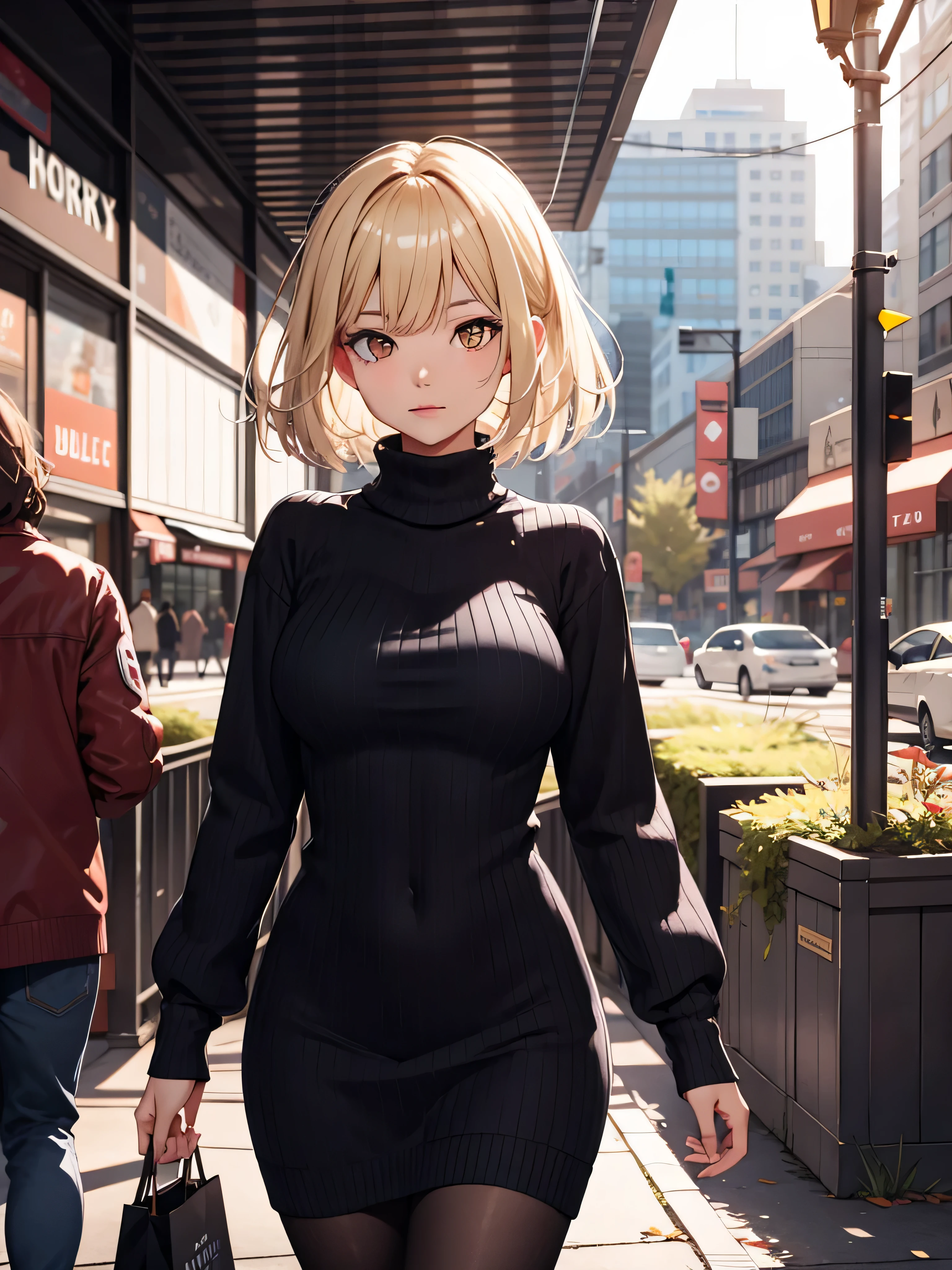 masterpiece, highest quality, 1 girl, shiny skin, cinematic lighting, medium breasts, looking at the viewer, messy hair, blonde hair, yellow eyes, alone, autumn, outdoor,  It&#39;s windy, Black Sweater Dress, ribbed, knit, Turtleneck Sweater Dress, black pantyhose, walk, city, shopping, dynamic angle, close, Super detailed, 8K, rtx, ambient occlusion, rim lighting, lively,