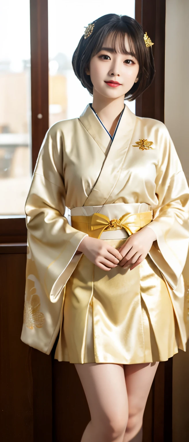 fantastic queen idol、Full body Esbian、white and gold miniskirt kimono、white hair、Emitting a fantastic light、gold diadem、gorgeous gold room