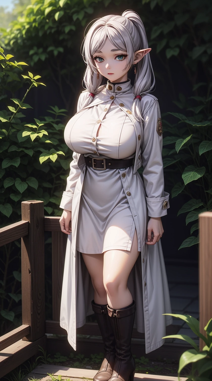 anime female character in white outfit with white coat,
BREAK
, elf, white hair, grey hair, earrings, pointy ears, long hair, ponytail, green eyes, twintails, parted bangs, thick eyebrows, (Beautiful,Huge_Breasts:1.3),
BREAK
, 1girl, solo, Standing in the garden, full body, full figure,
BREAK
, A breathtakingly beautiful garden filled with vibrant flowers, lush green plants, and a crystal-clear pond. The air is filled with the sweet scent of blooming flowers, and rays of golden sunlight gently filter through the leaves, creating a magical atmosphere, 
BREAK
, white outfit with white coat, green boots, brown footwear
BREAK
, beautiful detailed eyes, beautiful detailed lips, extremely detailed eyes and face, long eyelashes,
BREAK
, medium: oil painting, atmospheric lighting, dreamy color palette, detailed interior decoration, quiet and peaceful ambiance,
BREAK
, (best quality,4k,8k,highres,masterpiece:1.2), ultra-detailed,