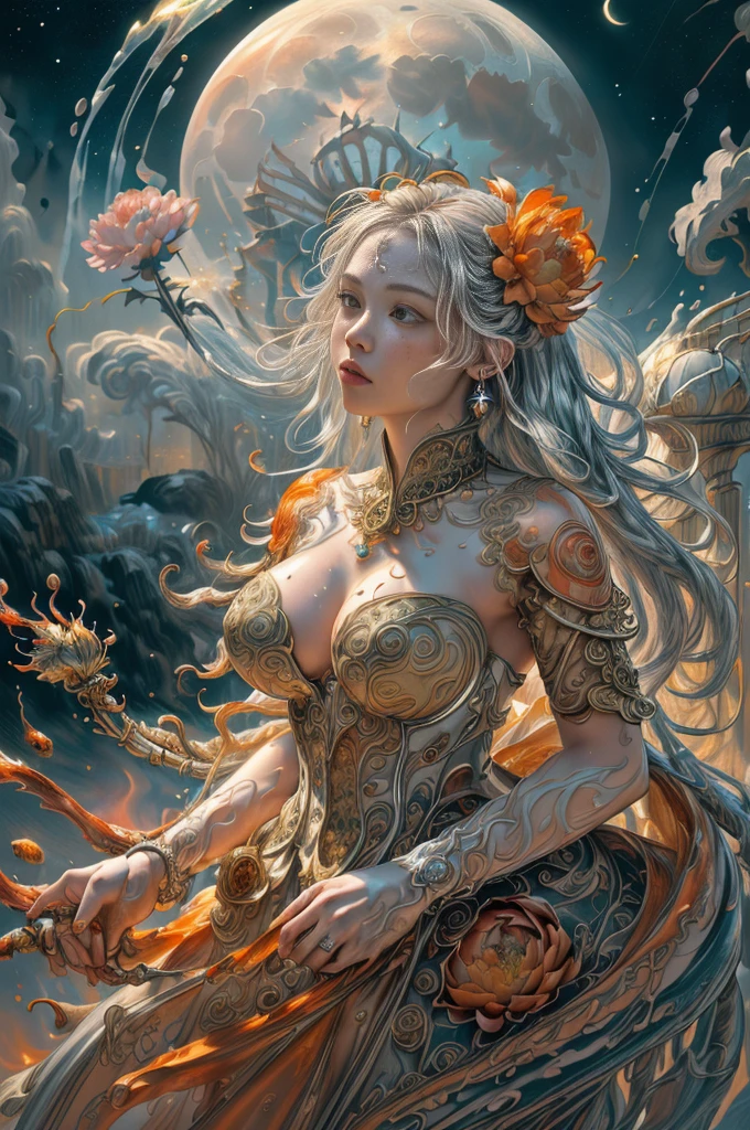 (8k, RAW Photo, Best Quality, Masterpiece: 1), (Photoreal: 1.2), Sharp Focus, Jupiter, Splash Art, (Close-up Liquid Luminous Moon Lady Made of Color), Beautiful Face, Detailed and Perfect face, ((silver, red, orange, light yellow, gray golden, liquid fire peony flower, filigree, filigree details, swirling flame, galaxy, color drop, color wave, moonlight, colorful paint splash style, highly detailed and intricate, unreal engine, fantastic, intricate details, splash screen, complementary colors, fantasy, concept art, 8k resolution, masterpiece, oil painting, heavy strokes, paint dripping, splash art, fantasy art , concept art, Perfect composition centered, intricate design, nfsw creation