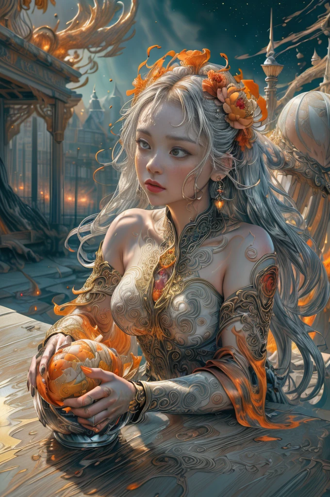 (8k, RAW Photo, Best Quality, Masterpiece: 1), (Photoreal: 1.2), Sharp Focus, Jupiter, Splash Art, (Close-up Liquid Luminous Moon Lady Made of Color), Beautiful Face, Detailed and Perfect face, ((silver, red, orange, light yellow, gray golden, liquid fire peony flower, filigree, filigree details, swirling flame, galaxy, color drop, color wave, moonlight, colorful paint splash style, highly detailed and intricate, unreal engine, fantastic, intricate details, splash screen, complementary colors, fantasy, concept art, 8k resolution, masterpiece, oil painting, heavy strokes, paint dripping, splash art, fantasy art , concept art, Perfect composition centered, intricate design, nfsw creation