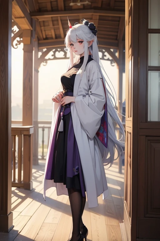 Unicorn anthropomorphic female high detail white hair purple pupils,Game of the original painting,black紧身衣,Sword in hand,whole body站姿,,Royal sister,no background,whole body,whole body,Standing posture,black,High heel,