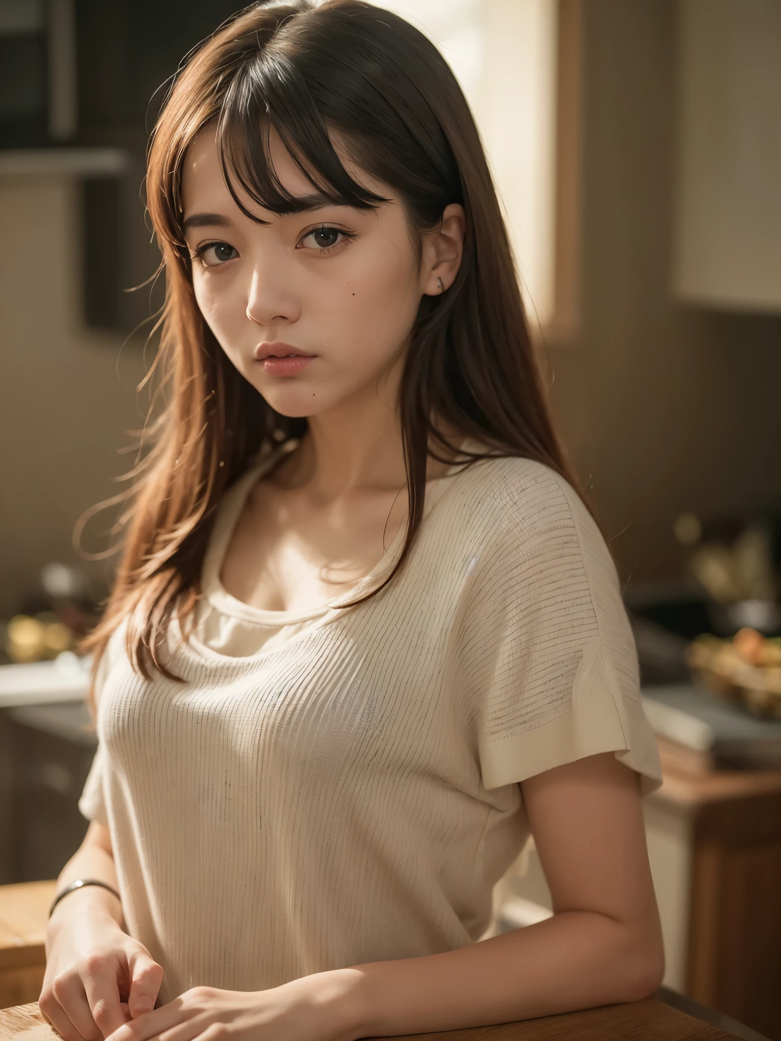 alone, Stand in the kitchen, girl, White shirt, There are milk drops on the of the shirt, (exquisite illustrations: 1.4), (renaissance art: 1.4), (masterpiece: 1.0), (best quality: 1.4), (super high) solve: 1.2), (lifelike: 1.4), (8k, original photo: 1.2), (soft focus: 1.4), (18 years old: 1.3)), (sharp focus: 1.4), beautiful face detail