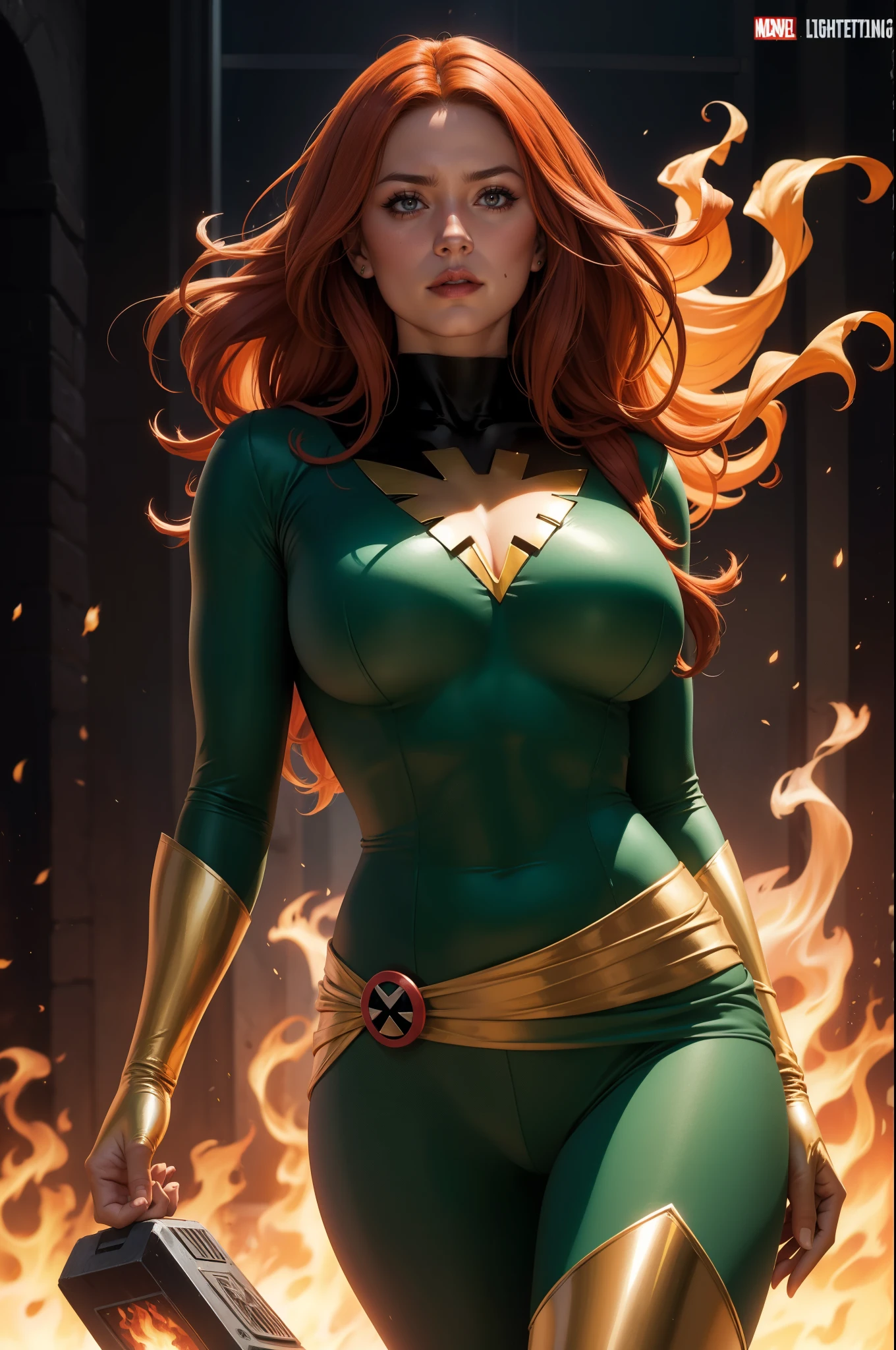 Jeangrey,X-men,Pheonixcostume,superhero,vibrantcolors,fierceexpression,detailedeyes,longredhair,burningflames,telekinesis,emotional,intensebattle,mysticalbackground,bestquality,highreshighlightedoutline,comicbookstyle,widescreenformat,contrastadjusted,hdr,crispdetails,energeticlighting, large breasts, sexy