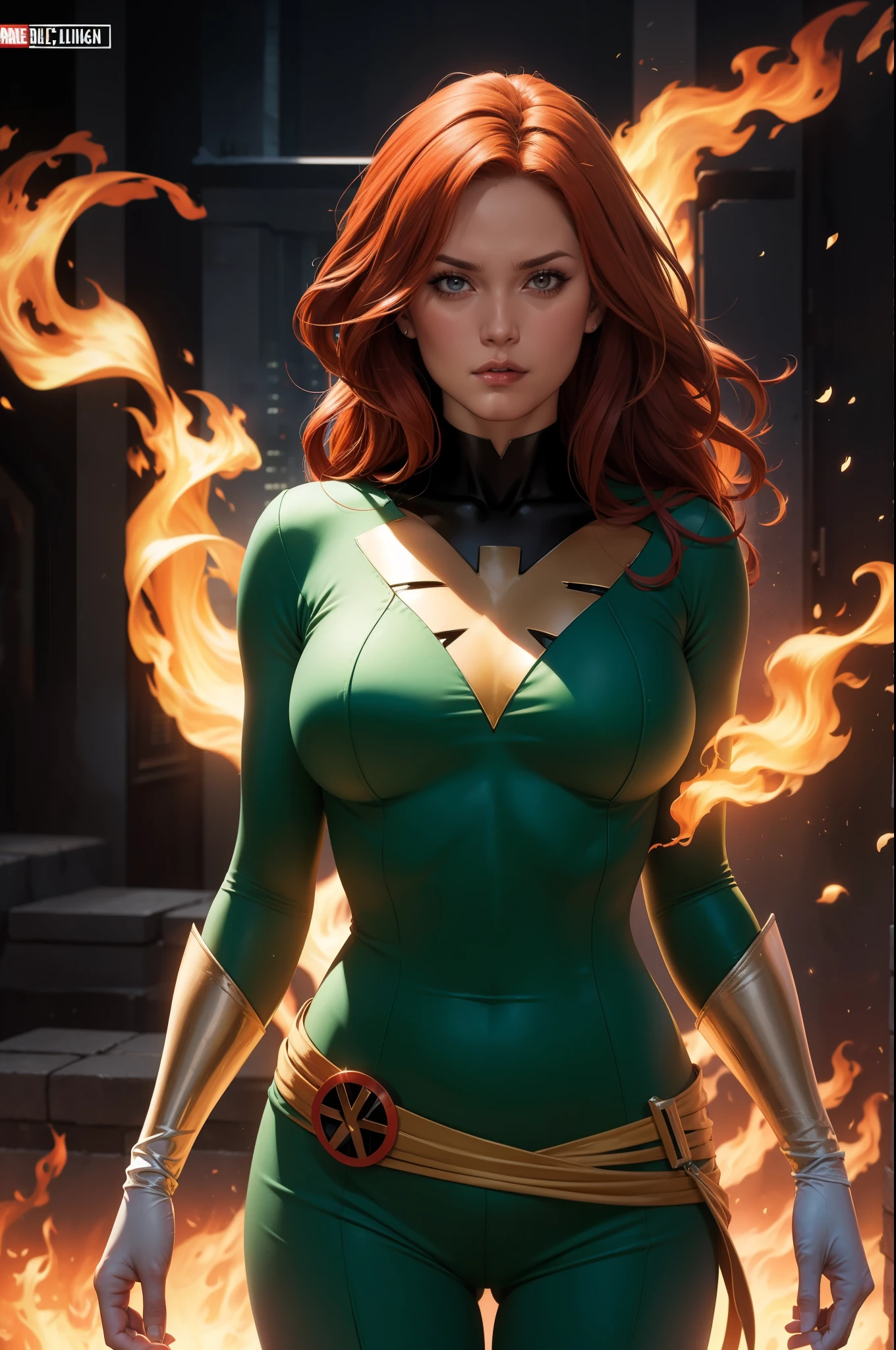 Jeangrey,X-men,Pheonixcostume,superhero,vibrantcolors,fierceexpression,detailedeyes,longredhair,burningflames,telekinesis,emotional,intensebattle,mysticalbackground,bestquality,highreshighlightedoutline,comicbookstyle,widescreenformat,contrastadjusted,hdr,crispdetails,energeticlighting, large breasts, sexy