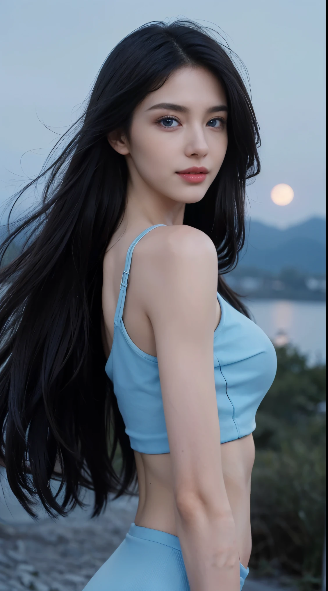 8K, Top Quality, Intricate Details, Ultra Detail, Ultra High Resolution, Masterpiece, looking back , Slender, Smile, (Makeup: 0.4), (Fluffy Blue Eyes: 1.21), blue Eyes,, ((full body)), 1girl, solo, 1 girl, (( full body)), shot from behind, close-up shot, standing , , ((tall)), (((fit body))), (((slim face))), sharp face, sharp eyes,(((blue hair, extra long hair , )) (detailed face), sharp face, small lips, thin lips,
(( Crop top )), detailed face, detailed breast, , large breast, detail ass, round ass , Beautiful girl with accentuated slender abs: 1.4, Six Pack Abs: 1.4, Bust Botox, Big, Perfect Body, detail leg, (( moonlight)), cloudy, top of mountain