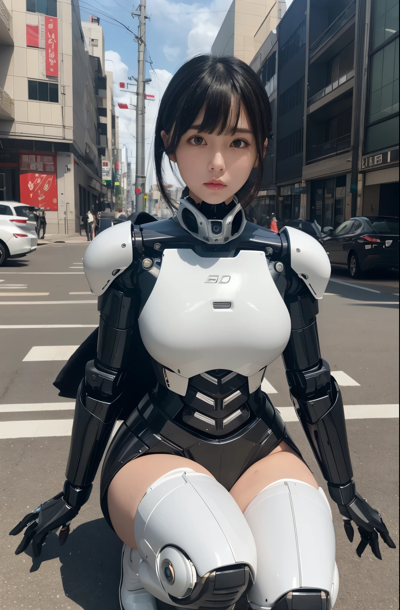 masterpiece, best quality, extremely detailed, Japanese android woman,Plump,control panels,Squat,android,droid,Mechanical Hand,Robot arms and legs, Black Robot Parts,black hair, white knee high socks,black sponge joints,blunt bangs,white robot body,ceramic body,long boots,perfect cyborg girl,on the street