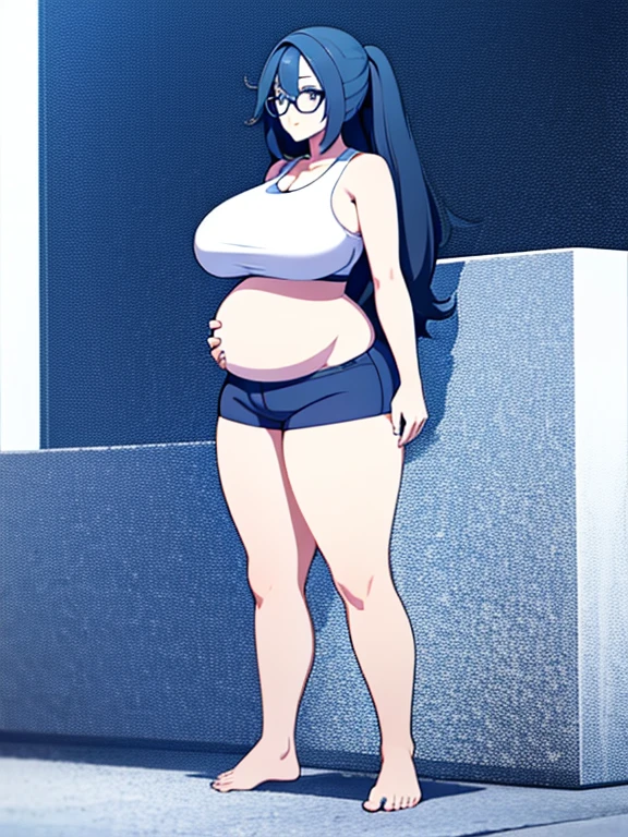 (Very high quality, detailed) A full body image of a pregnant girl wearing a sports bra, very thight shorts and glasses, she's standing barefoot and has very ???????????, long hair and a pretty thick body