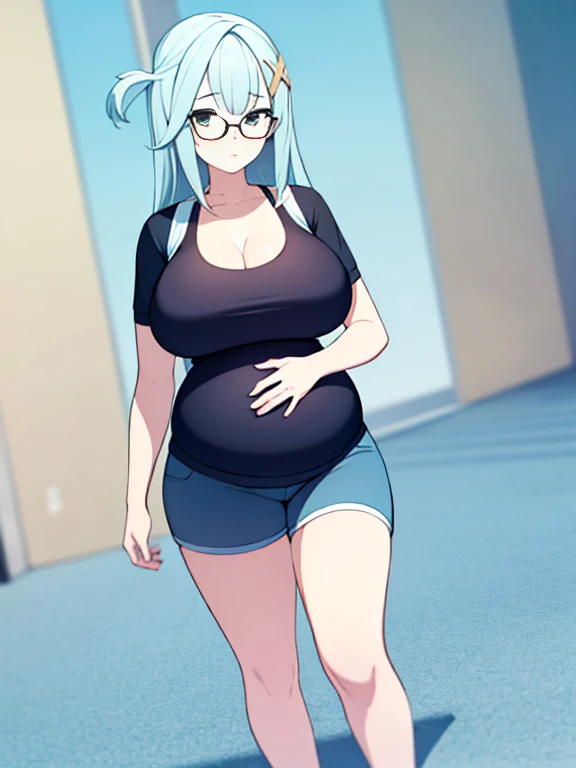 (Very high quality, detailed) A full body image of a pregnant girl wearing a sports bra, very thight shorts and glasses, she's standing barefoot and has very big breasts, long hair and a pretty thick body