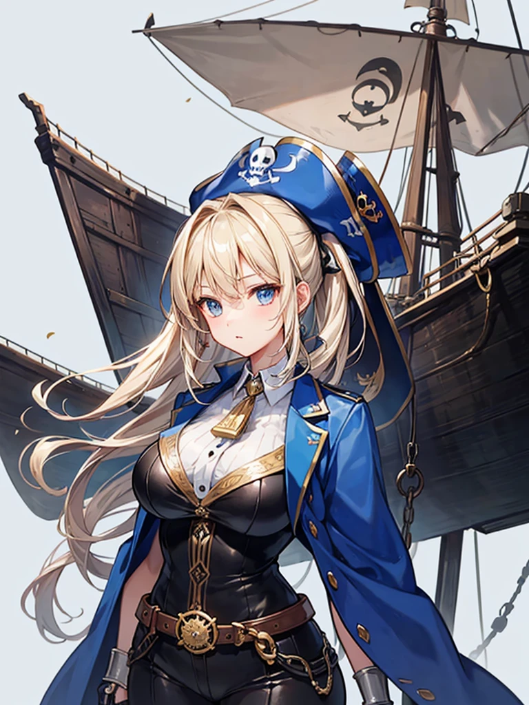 （（（masterpiece、Highest image quality、highest quality、highly detailed unity 8ｋwallpaper）））、（（Illustration of one girl、upper body））、（（（beautiful girl）））、（fantasy、female pirate）、（blonde、short ponytail：1.2、light blue eyes）、（（（Steampunk-style right arm prosthesis）））、（（tall））、bulky figure, massive frame, thick neck, sturdy arms, powerful legs、（captain&#39;s suit、Pirate hat、Blue coat）、pirate shipのデッキ、pirate ship
