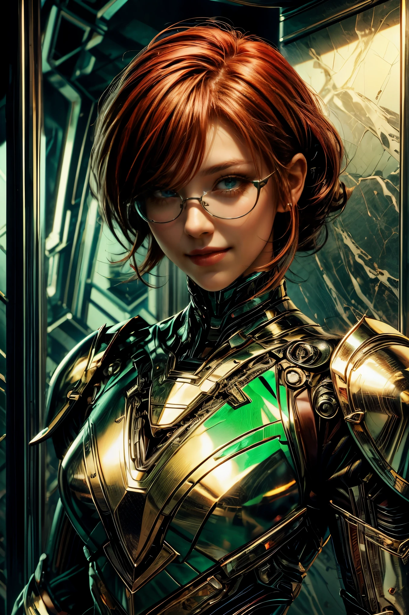 Short, Red hair, green eyes, smooth, soft skin, smiling android wearing metal-framed glasses, in green armor against the background of the elevator