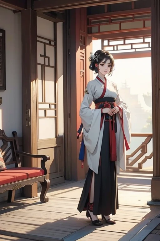 Short-haired royal sister,Chinese style,antiquity,Hanfu,紫色白色Hanfu, Short white hair,black stockings,High heel,