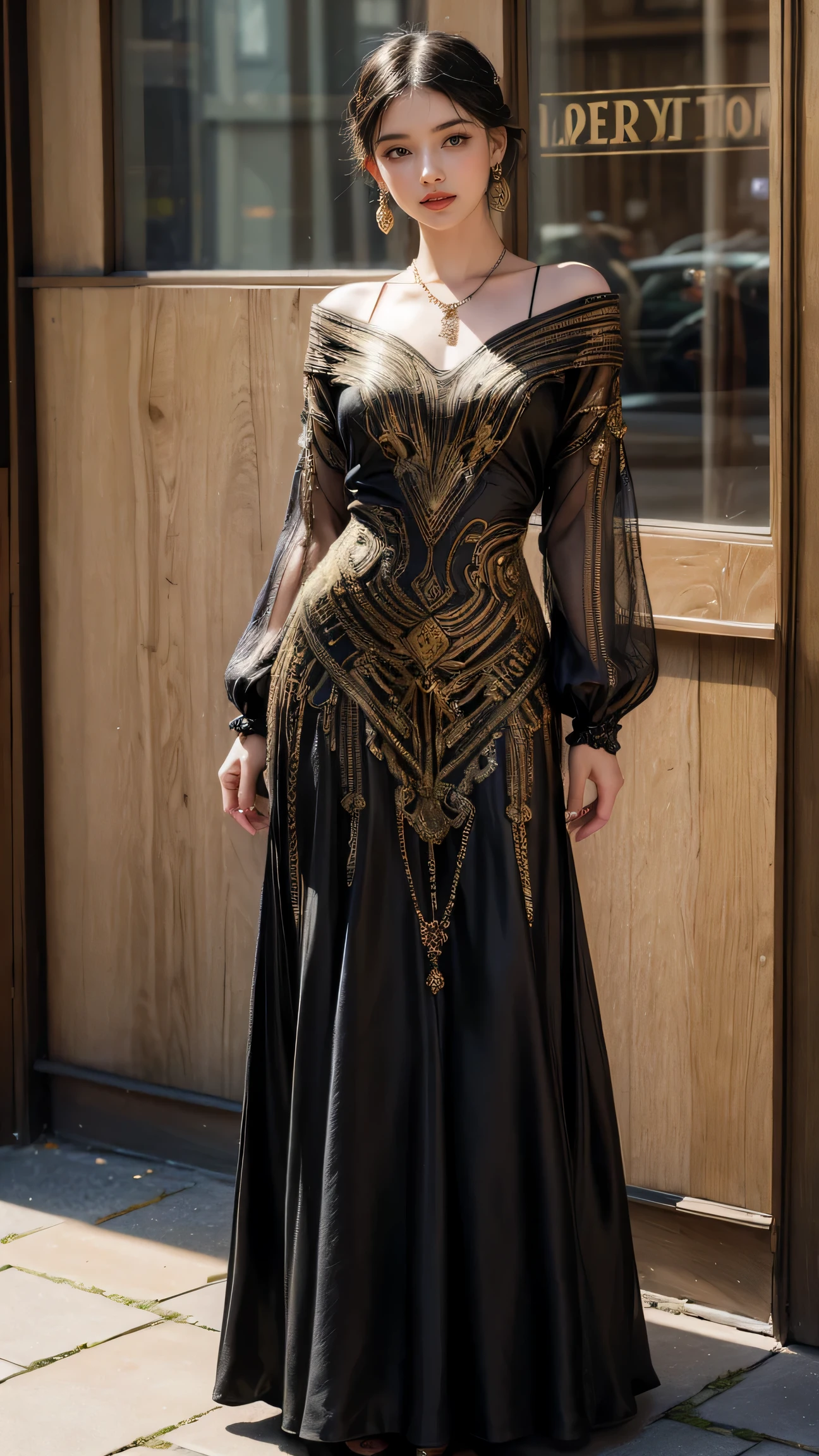 official art, unity 8k wallpaper, Super detailed, beautiful and aesthetic, masterpiece, highest quality, realistic, 20 years, beautiful girl,
( She wears a glamorous black dress with intricate Art Deco embroidery。, art deco hair ornament with golden thread, giant art deco necklace, art deco earrings. ),
In front of an art deco shop in a European alley, (Pose the model)